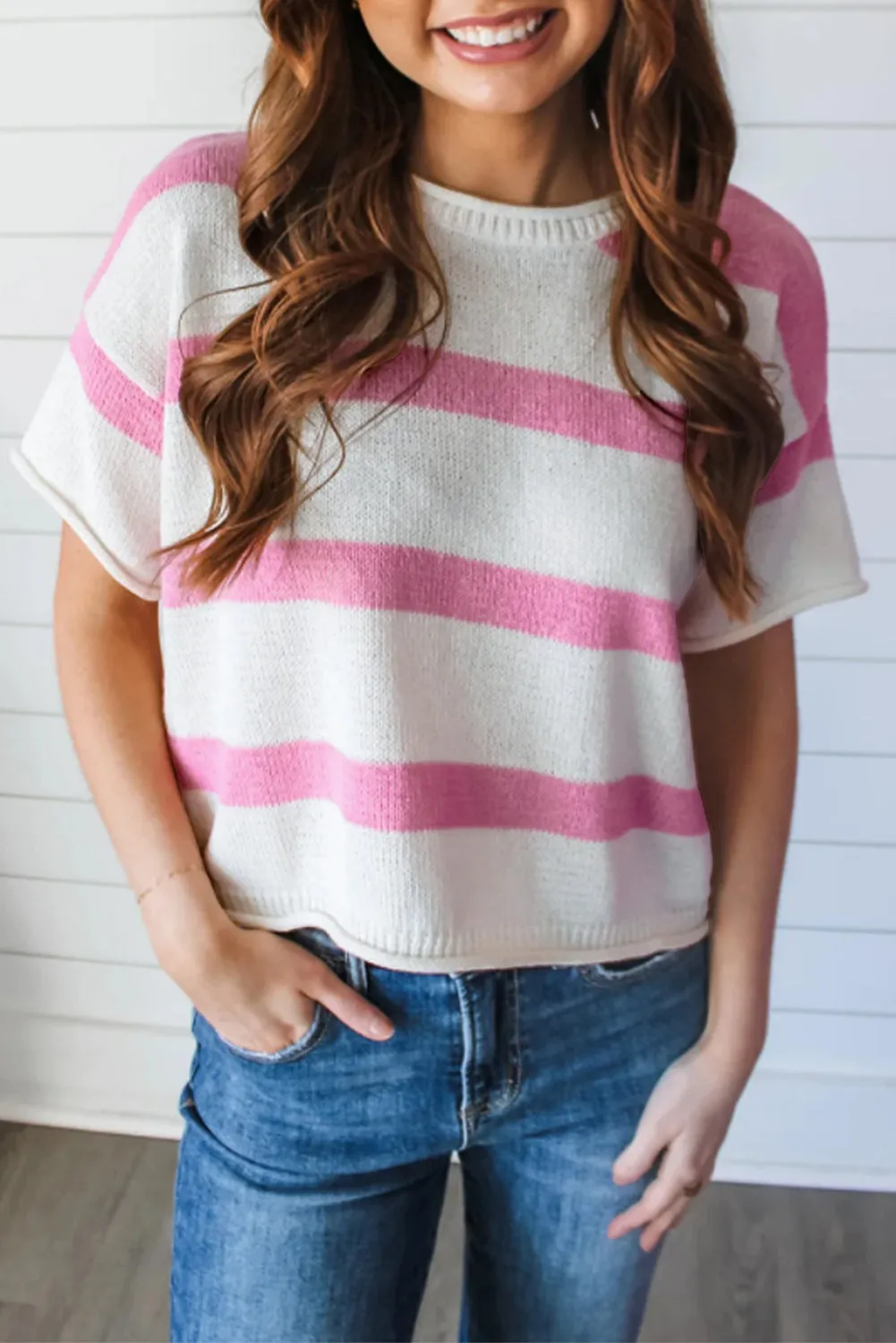 Pink Stripe Drop Sleeve Lightweight Knitted Top