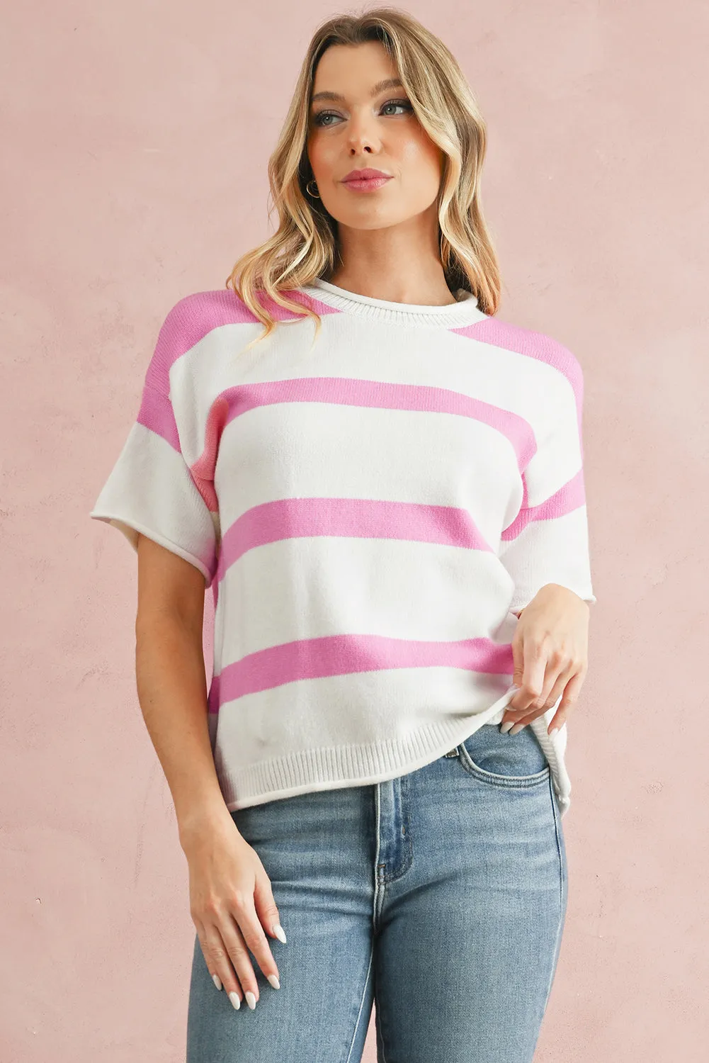 Pink Stripe Drop Sleeve Lightweight Knitted Top