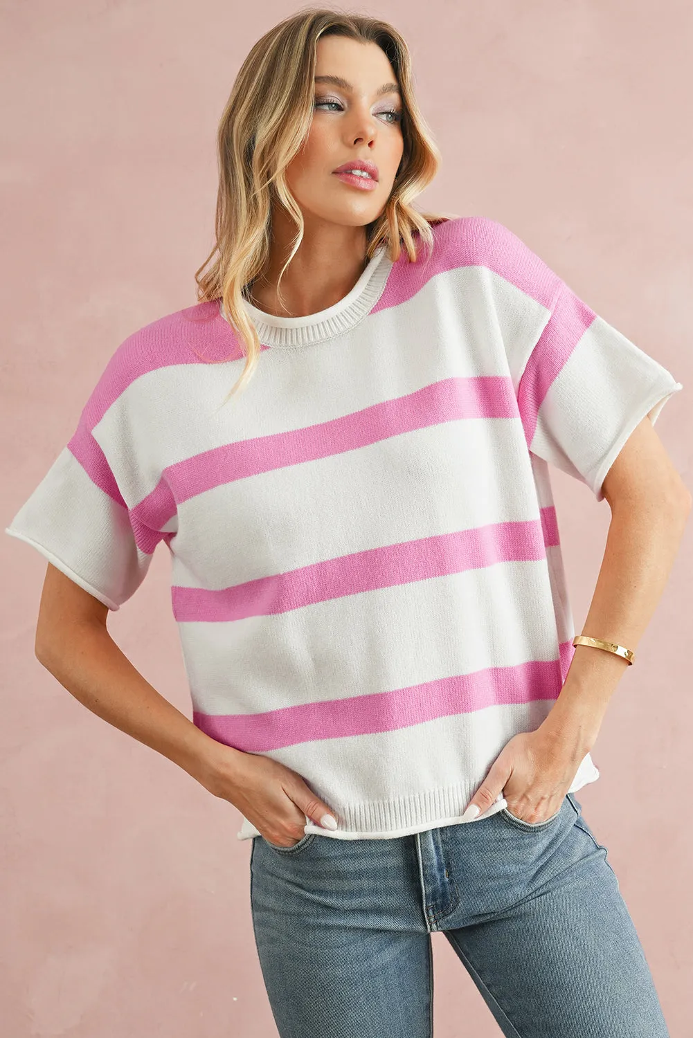 Pink Stripe Drop Sleeve Lightweight Knitted Top