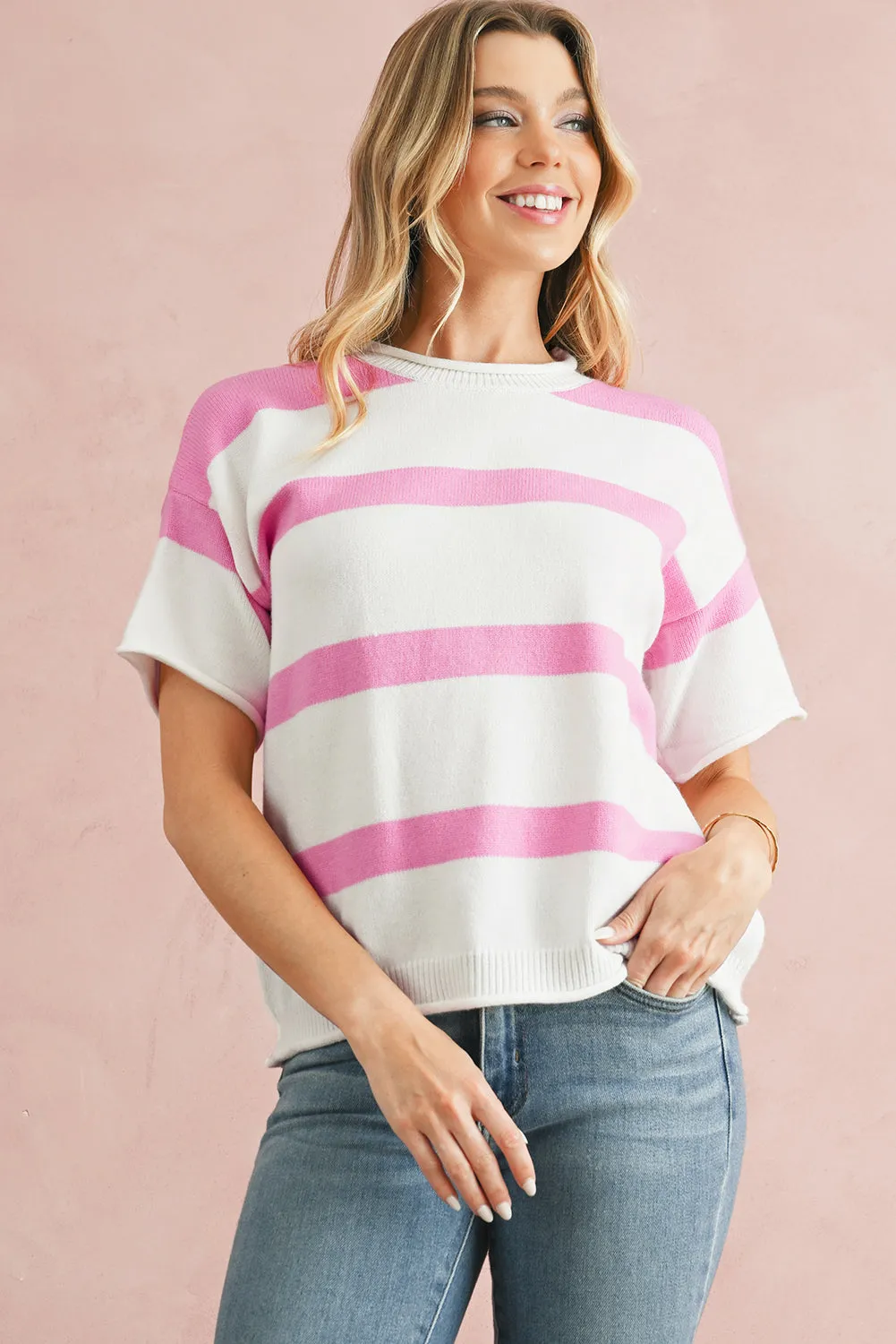 Pink Stripe Drop Sleeve Lightweight Knitted Top