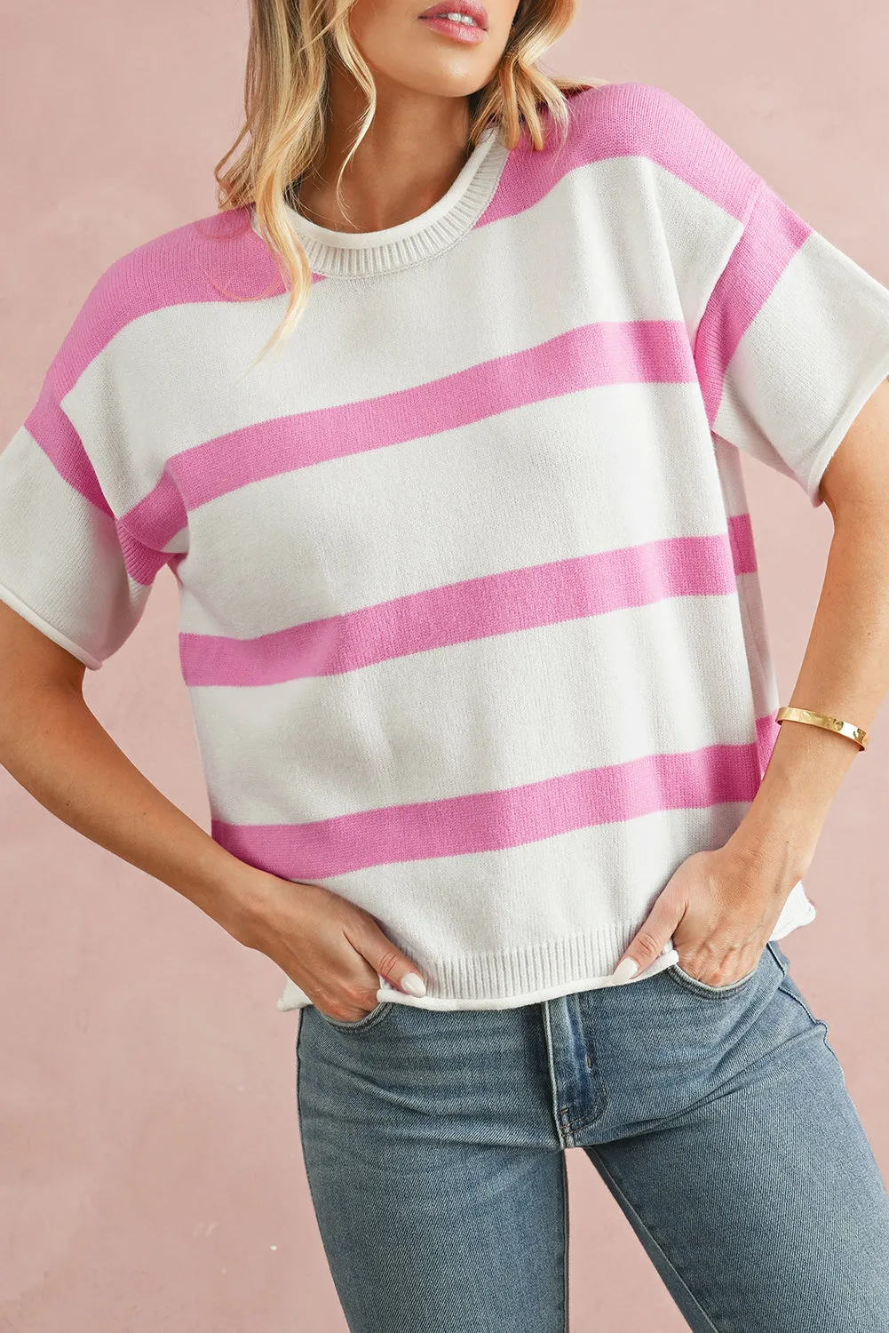 Pink Stripe Drop Sleeve Lightweight Knitted Top