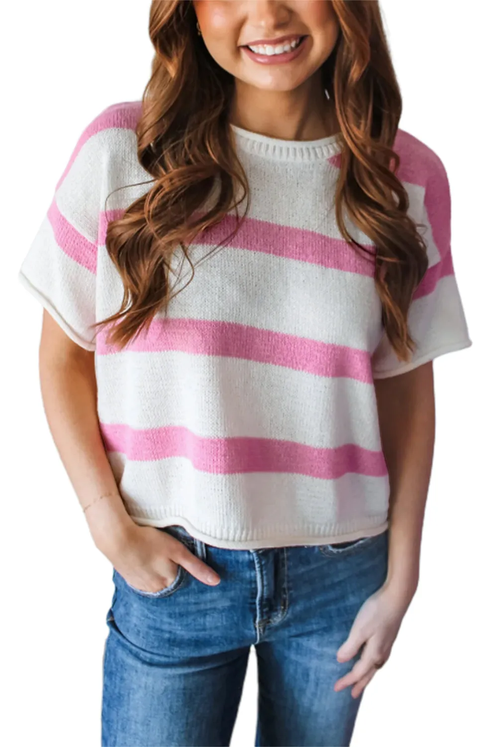 Pink Stripe Drop Sleeve Lightweight Knitted Top