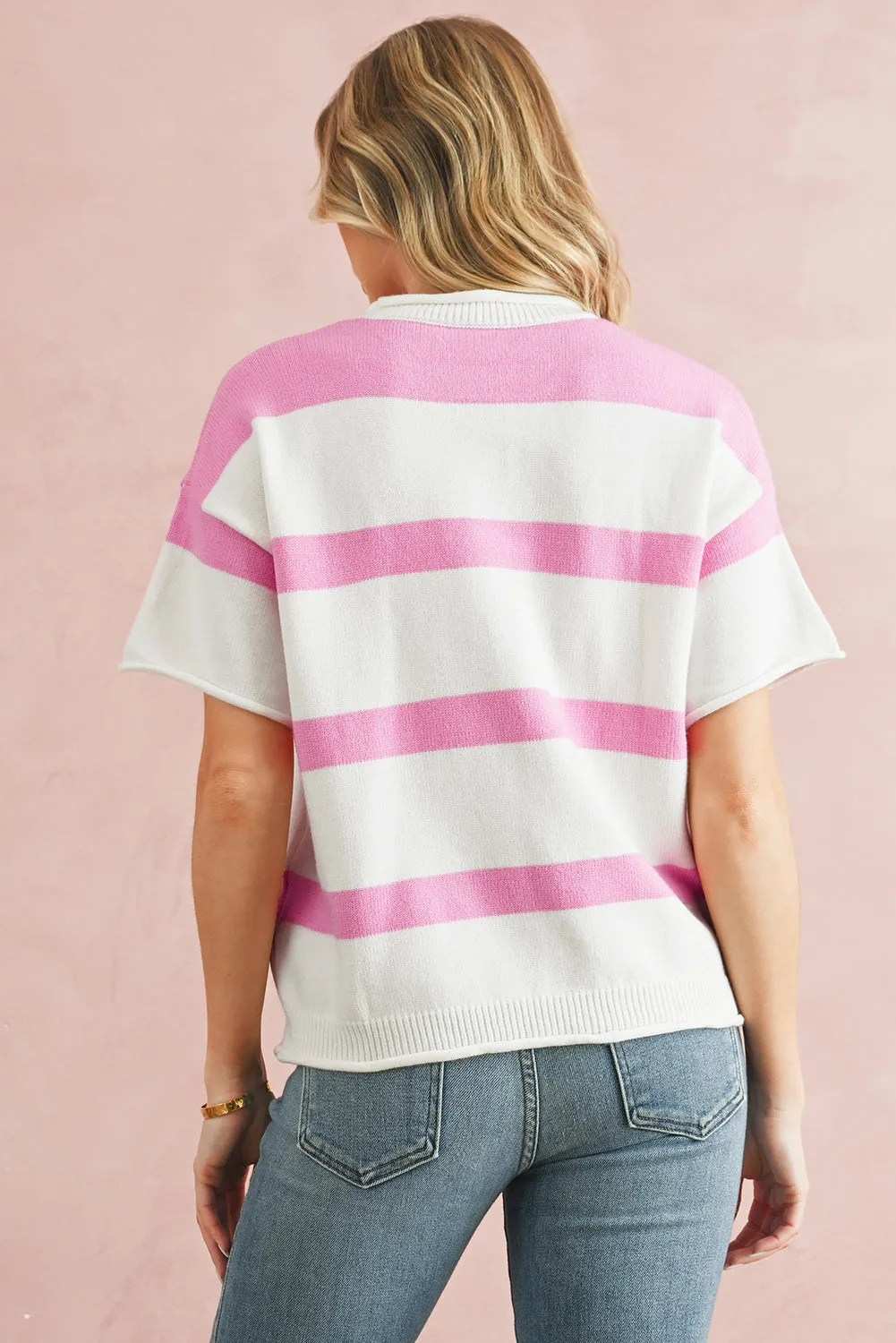 Pink Stripe Drop Sleeve Lightweight Knitted Top