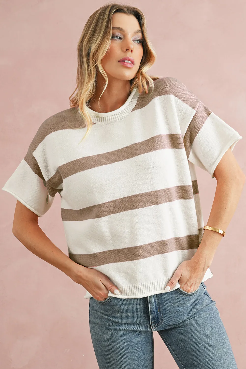 Pink Stripe Drop Sleeve Lightweight Knitted Top