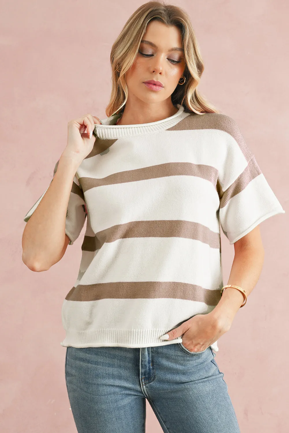 Pink Stripe Drop Sleeve Lightweight Knitted Top