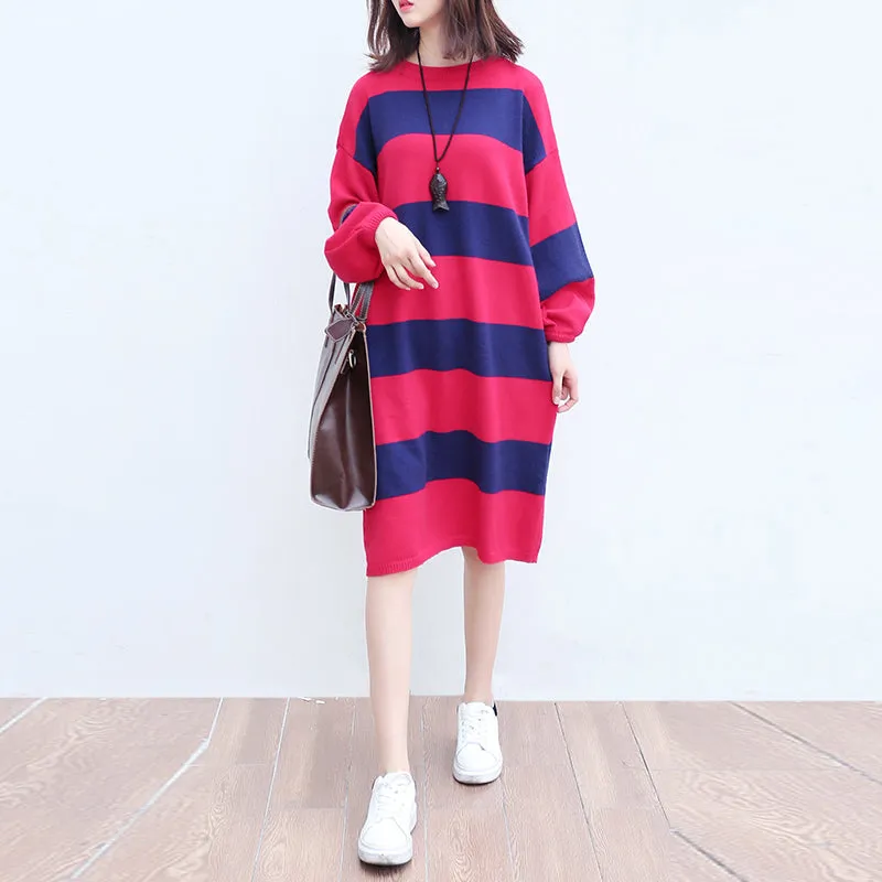 plus size casual woolen knit dresses red blue striped patchwork oversize ling sleeve sweater dress