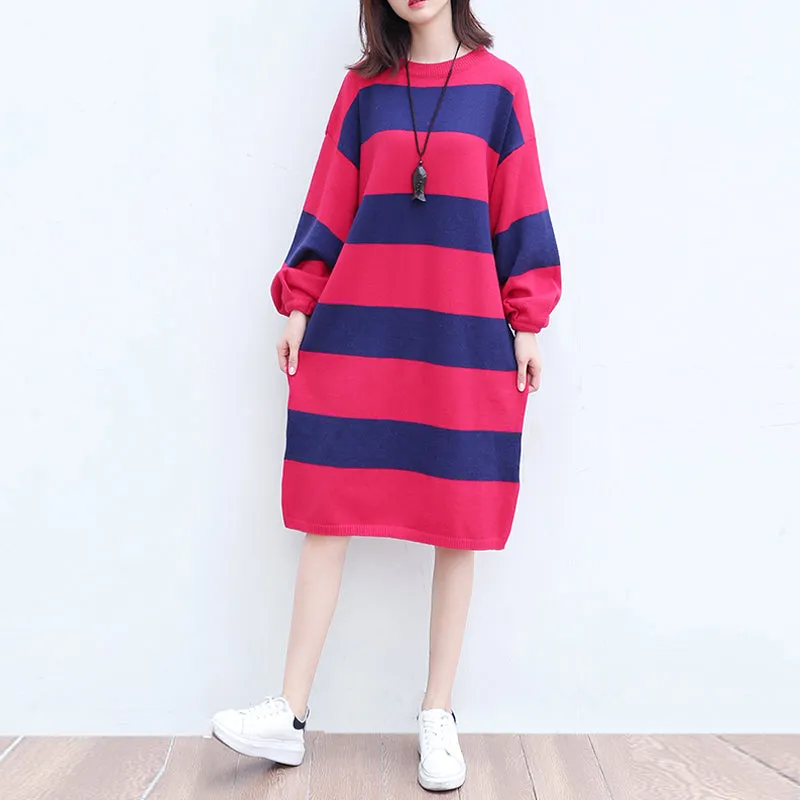 plus size casual woolen knit dresses red blue striped patchwork oversize ling sleeve sweater dress