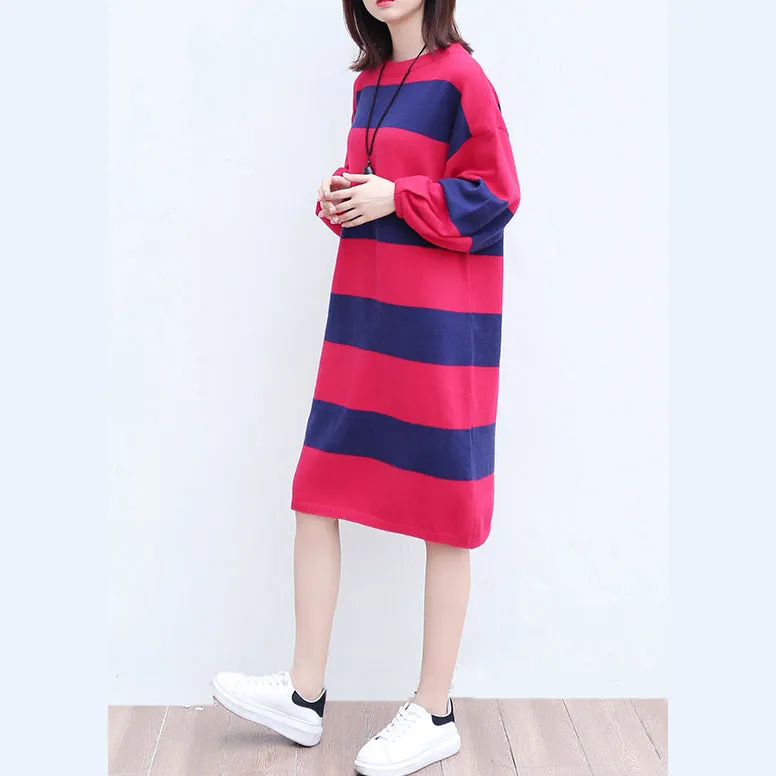 plus size casual woolen knit dresses red blue striped patchwork oversize ling sleeve sweater dress