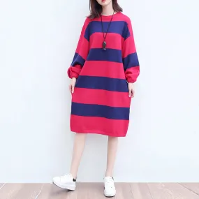 plus size casual woolen knit dresses red blue striped patchwork oversize ling sleeve sweater dress