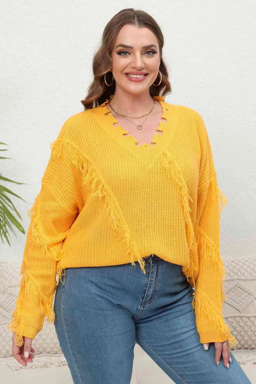 Plus Size Fringe V-Neck Long Sleeve Sweater