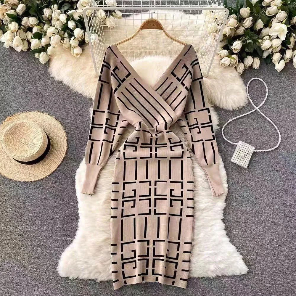 Pre Order:  Geometric Bodycon Sweater Midi Dress