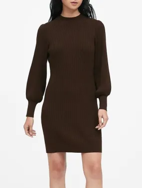 Puff-Sleeve Sweater Dress in Deep Brown