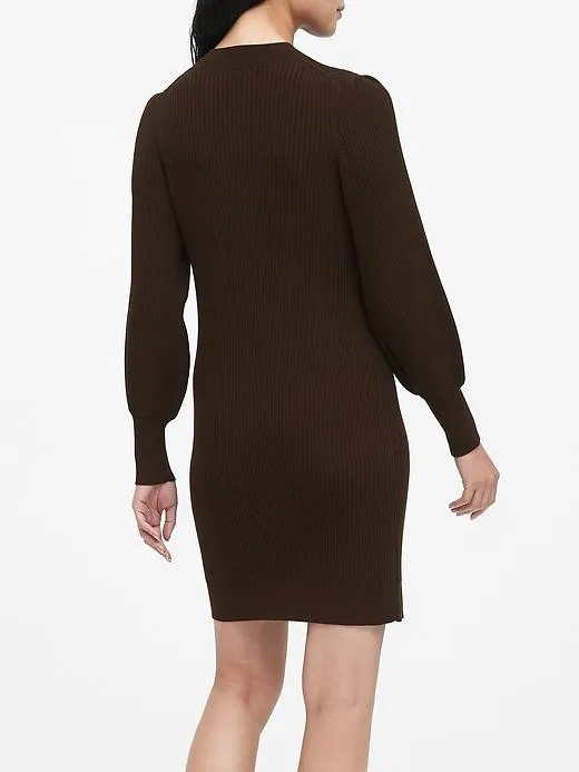 Puff-Sleeve Sweater Dress in Deep Brown