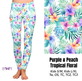 Purple & Peach Tropical Floral capris and biker shorts with pockets