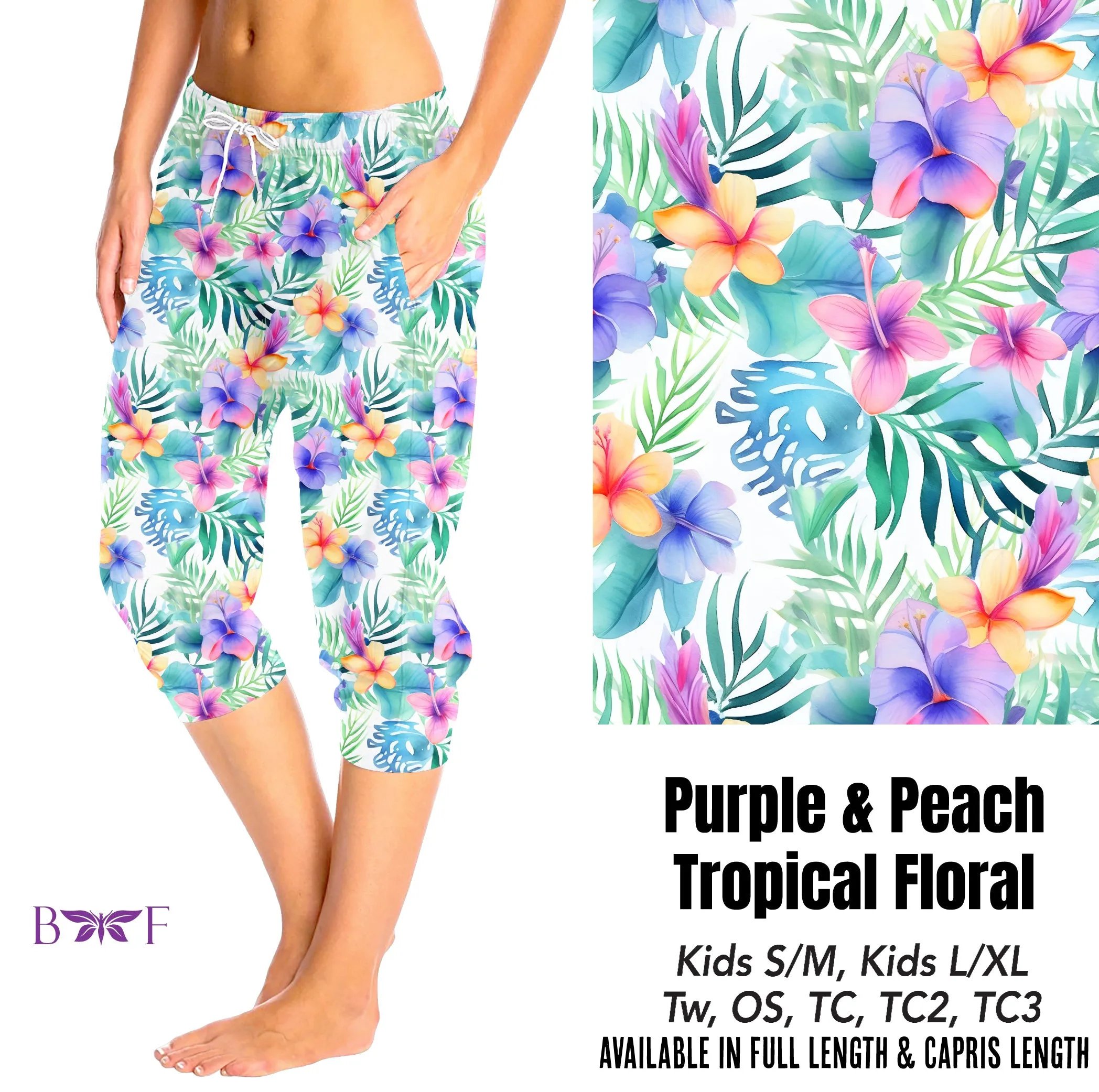 Purple & Peach Tropical Floral capris and biker shorts with pockets