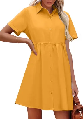 Radiant Yellow Women's Short Sleeve Button Down Babydoll Dress A-Line Tunic Dress