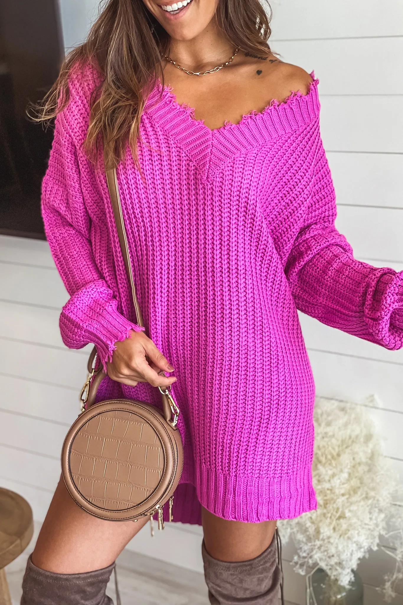 Raspberry Rose Frayed V-Neck Sweater Dress