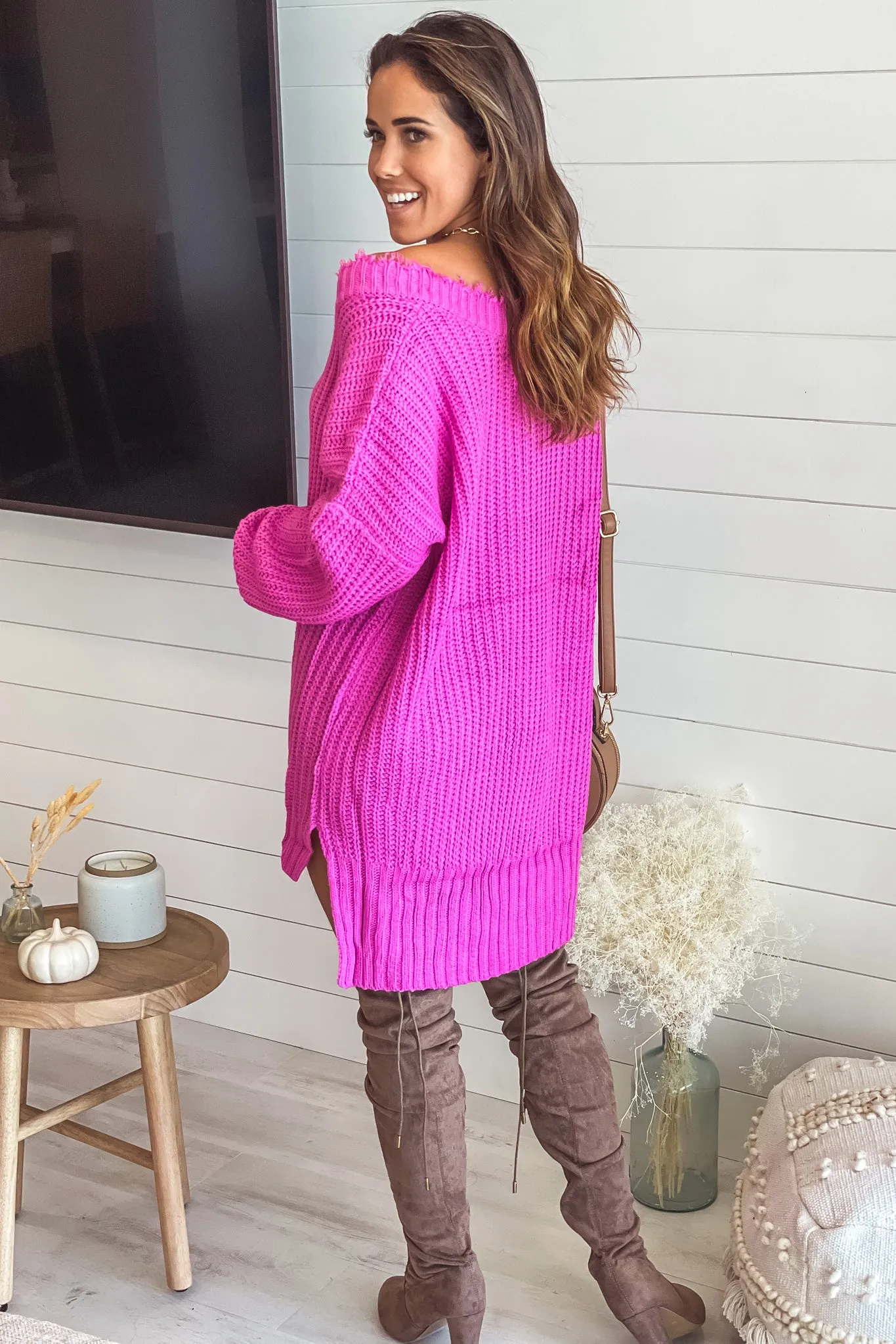 Raspberry Rose Frayed V-Neck Sweater Dress