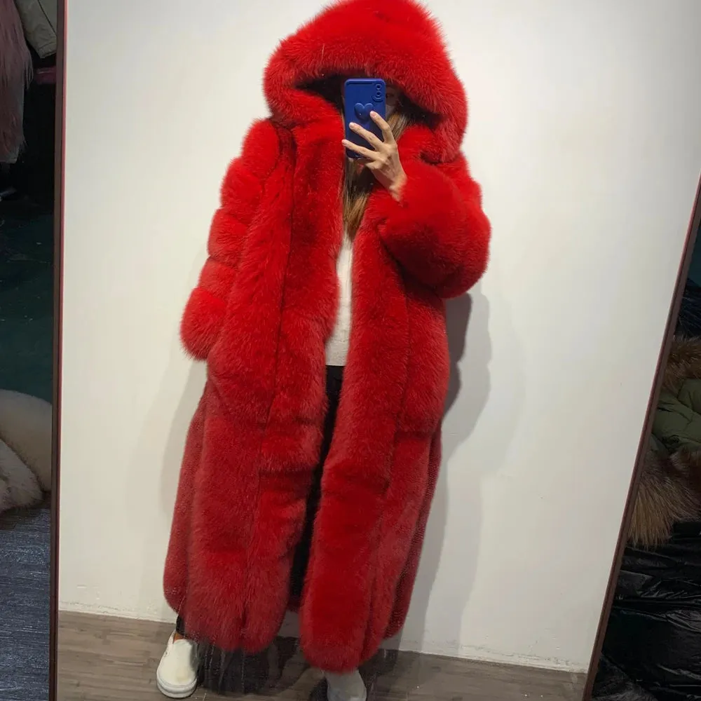 Real Fox Fur Long Full-Length Coat Women's