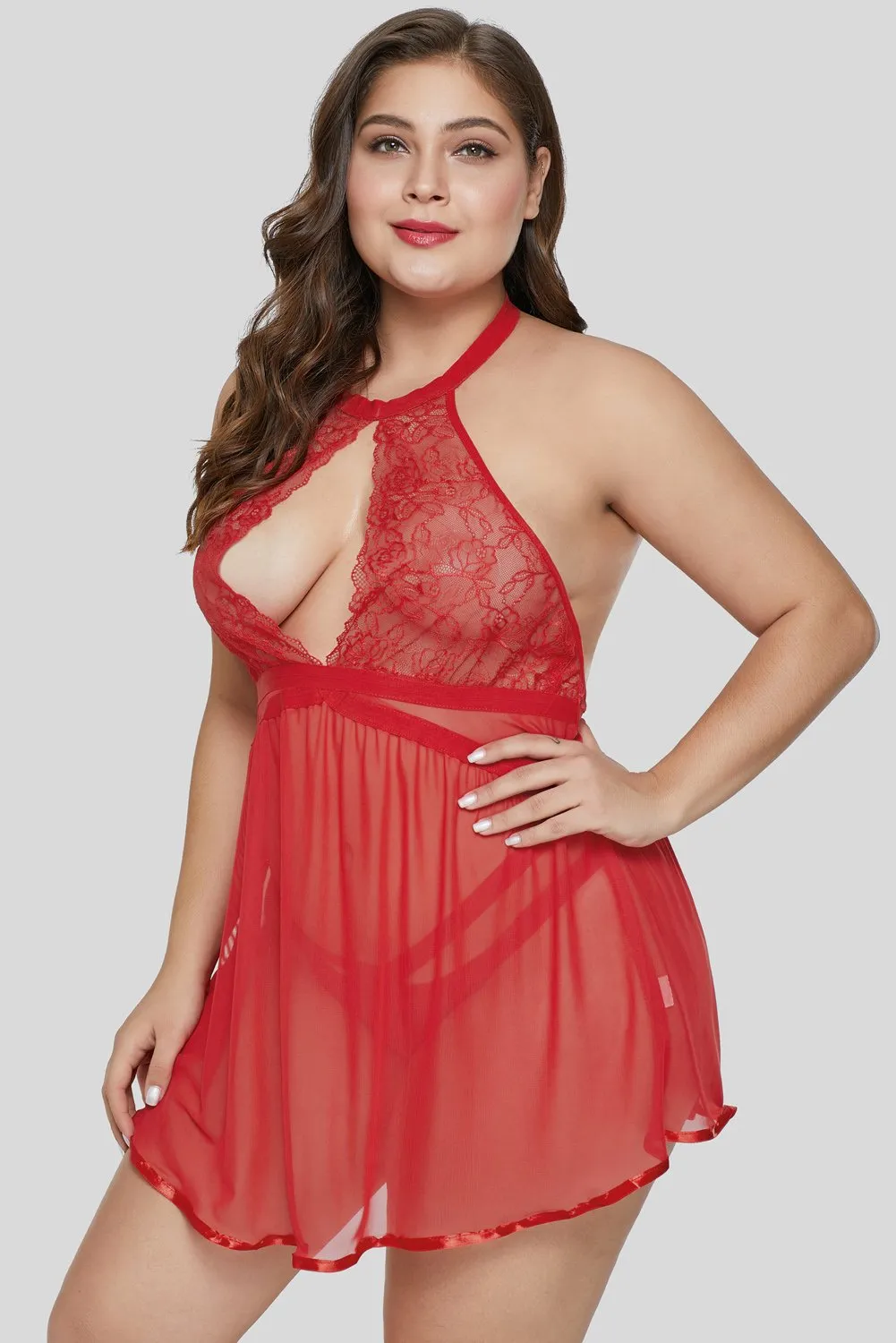 Red Plus Size Sheer Fantasy Cutout Babydoll Set