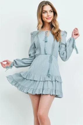 Sage Green Long Sleeve Boho Inspired Ruffle Dress