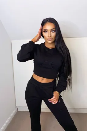 Sasha Black Under Bra Waisted Sweatshirt Tracksuit Set