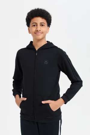 Senior Boys Black Zipper Front Hooded Sweatshirt