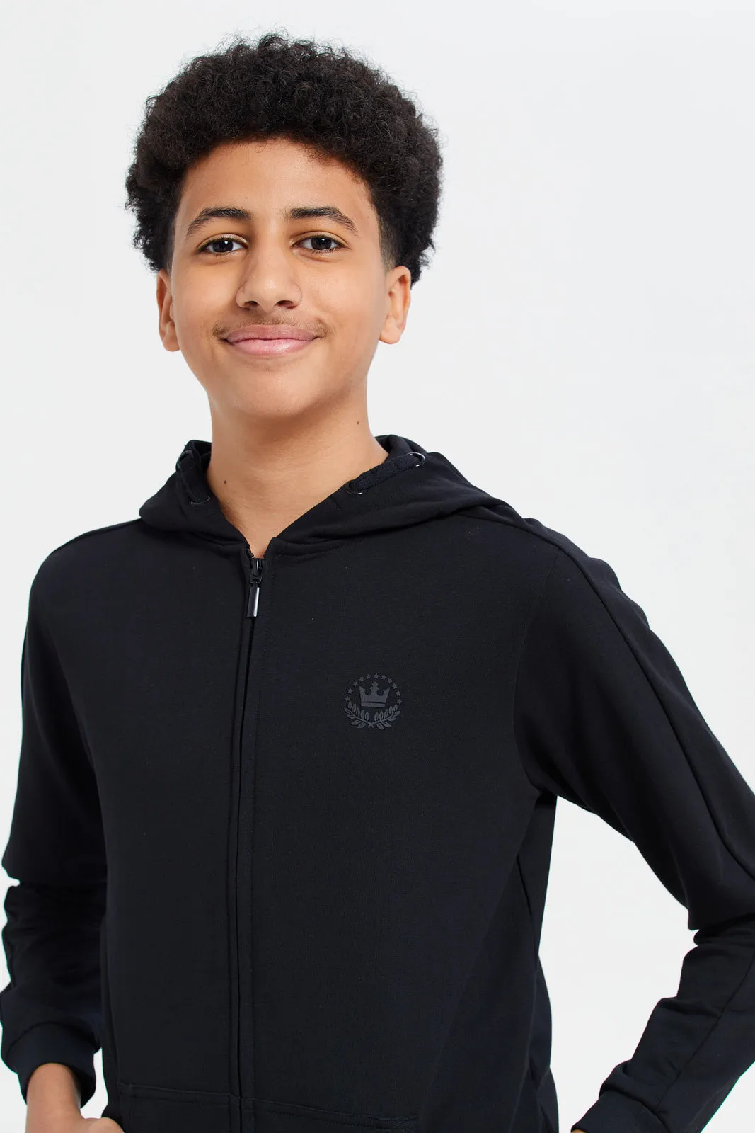 Senior Boys Black Zipper Front Hooded Sweatshirt