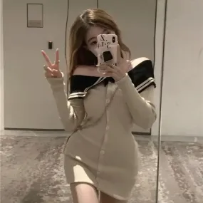 Sexy Knitted Knit Sweater Mini Dress Off Shoudler Korean Fashion Bodycon Wrap Slim Shhort Dresses Evening Party Kpop