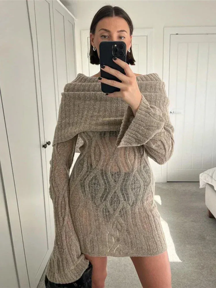 Sheer Knitted Sweater Dress Woman Sexy Off Shoulder Flared Long Sleeve Short Dresses Fall Winter Clothing C87-FZ36