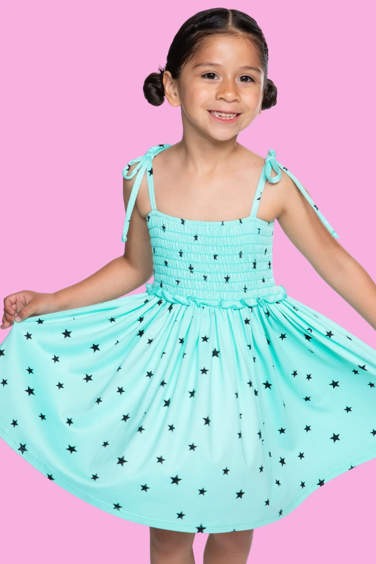 Simply Soft Strappy Smocked Dress - Ice Mint Black Stars