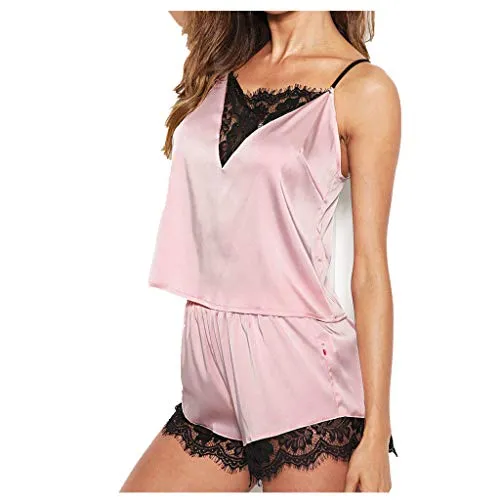 Sleeveless Strap Silky Satin Pajama Lingerie Set.