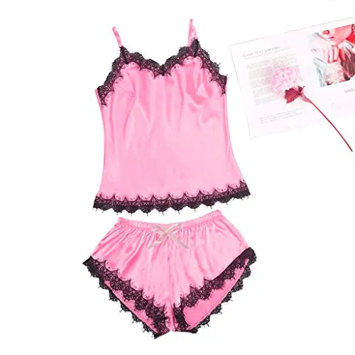 Sleeveless Strap Silky Satin Pajama Lingerie Set.