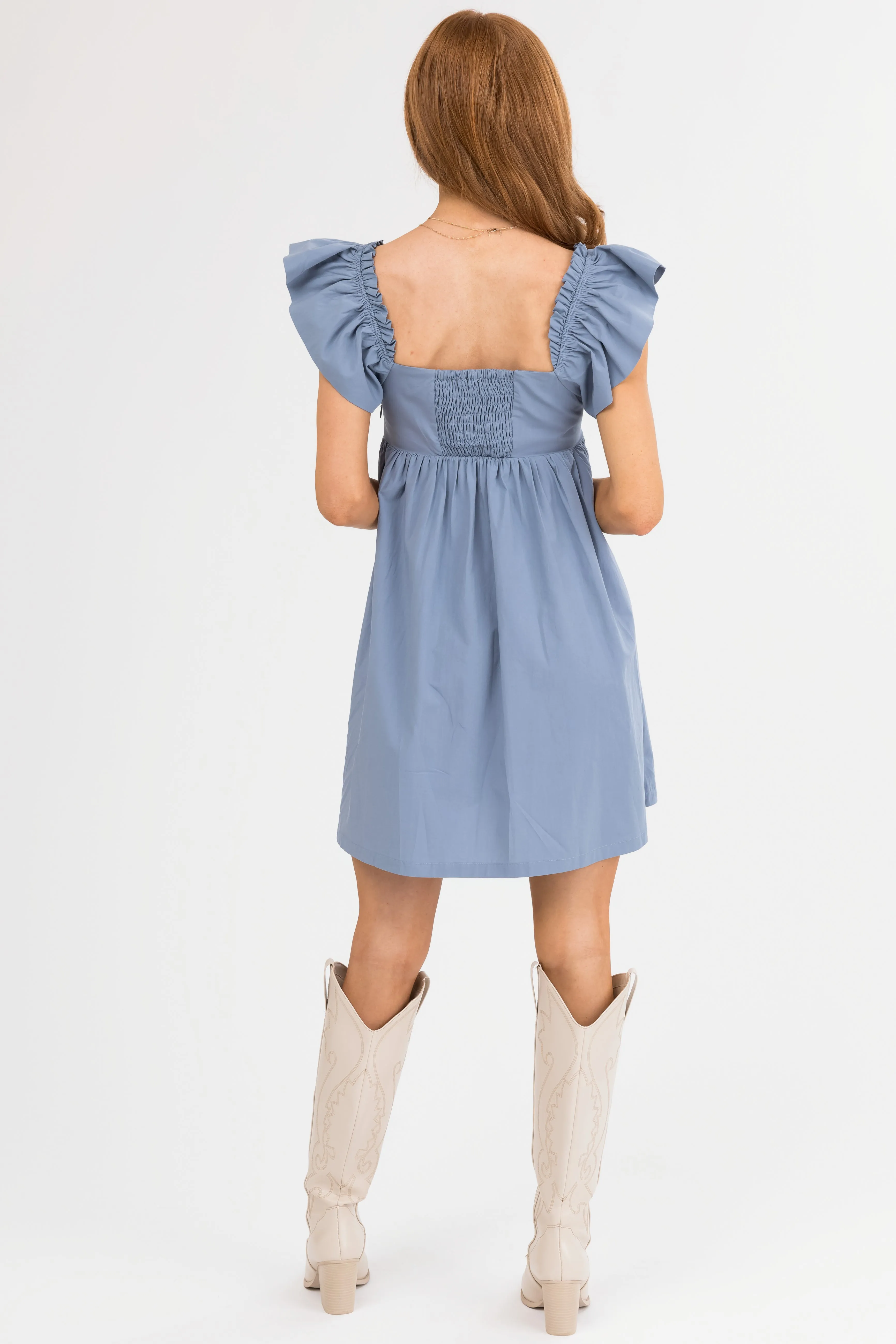 Steel Blue Ruffle Sleeve Babydoll Mini Dress