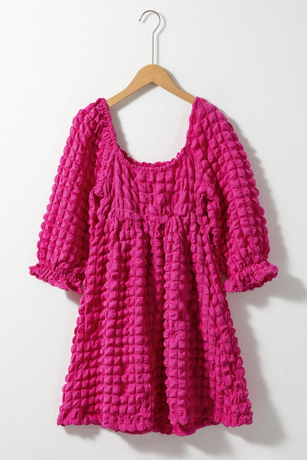 Strawberry Pink Bubble Textured Square Neck Babydoll Dress