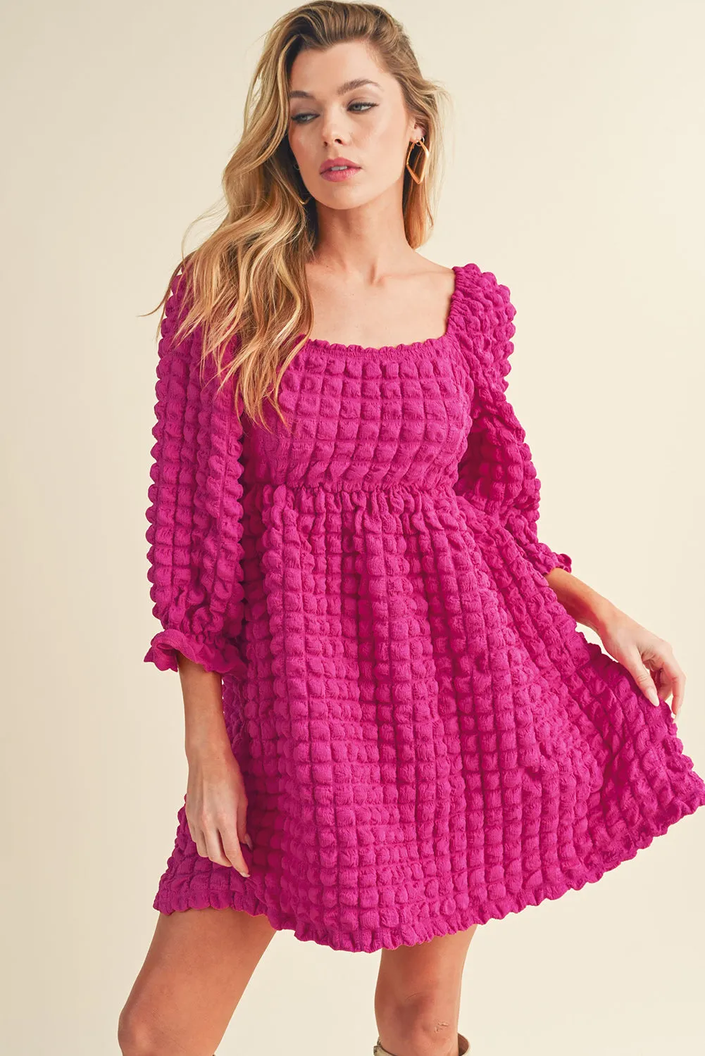 Strawberry Pink Bubble Textured Square Neck Babydoll Dress