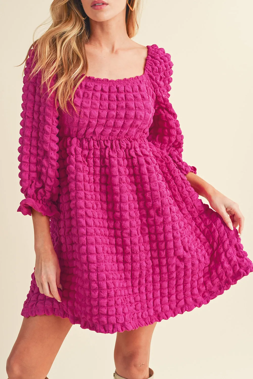 Strawberry Pink Bubble Textured Square Neck Babydoll Dress