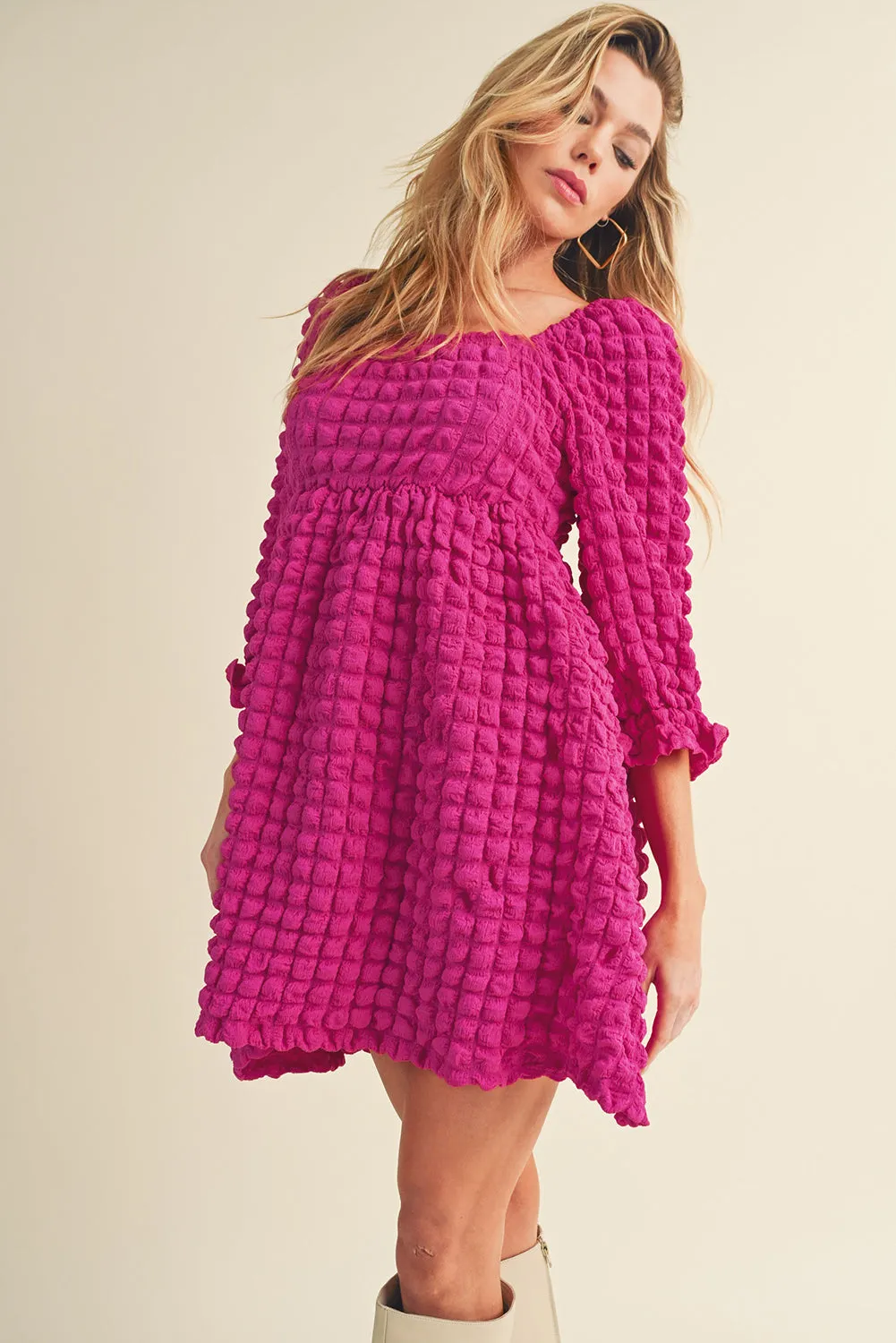 Strawberry Pink Bubble Textured Square Neck Babydoll Dress