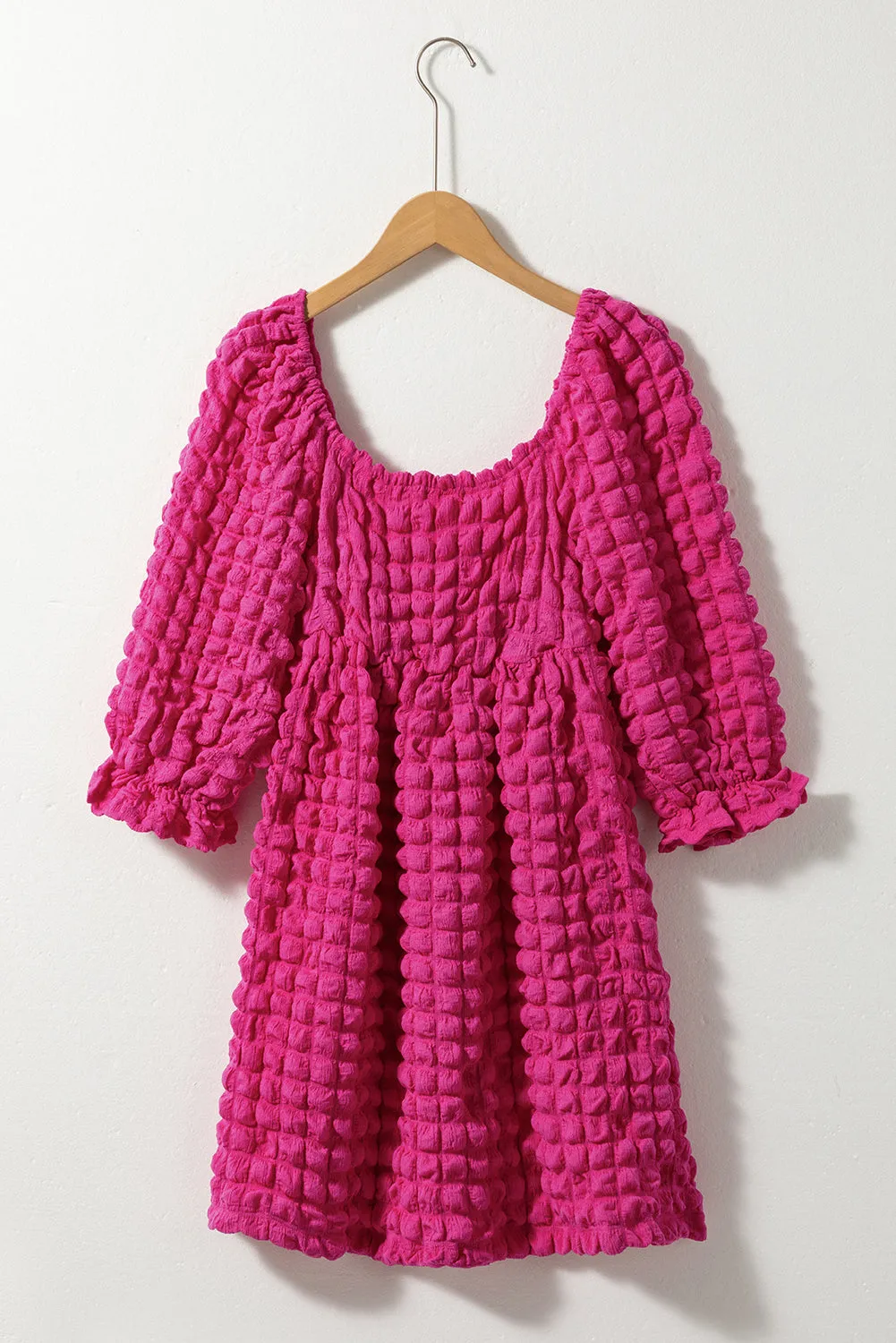 Strawberry Pink Bubble Textured Square Neck Babydoll Dress