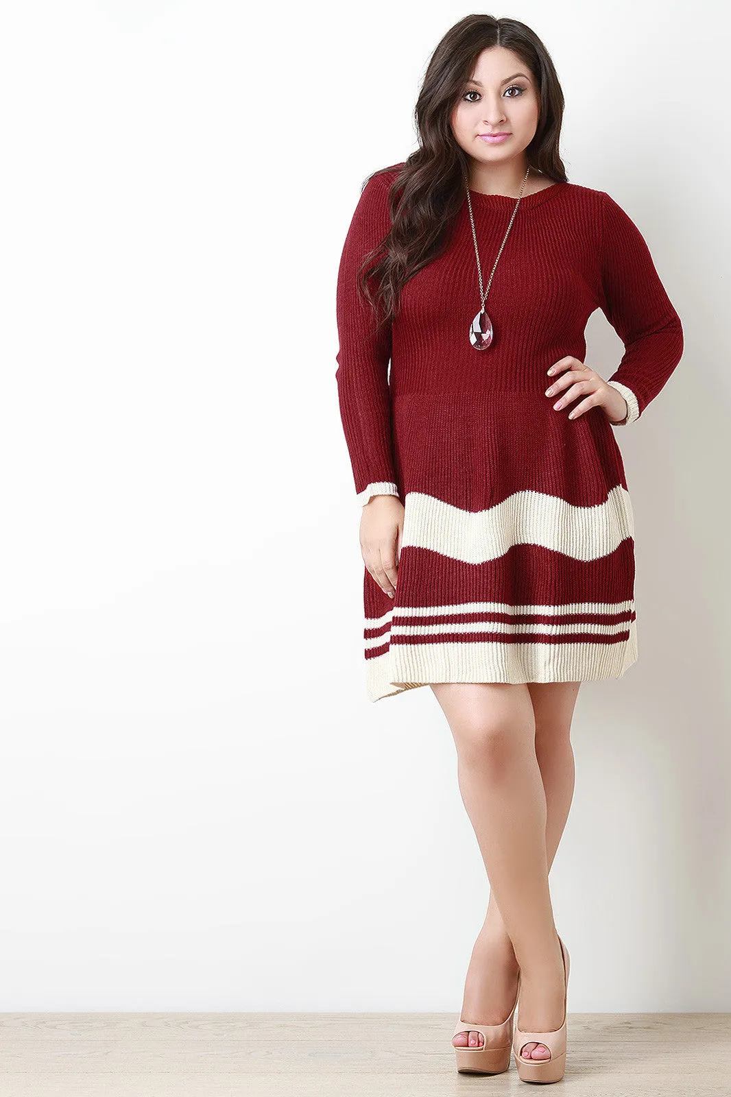 Stripe Knit Long Sleeves Fit And Flare Sweater Dress