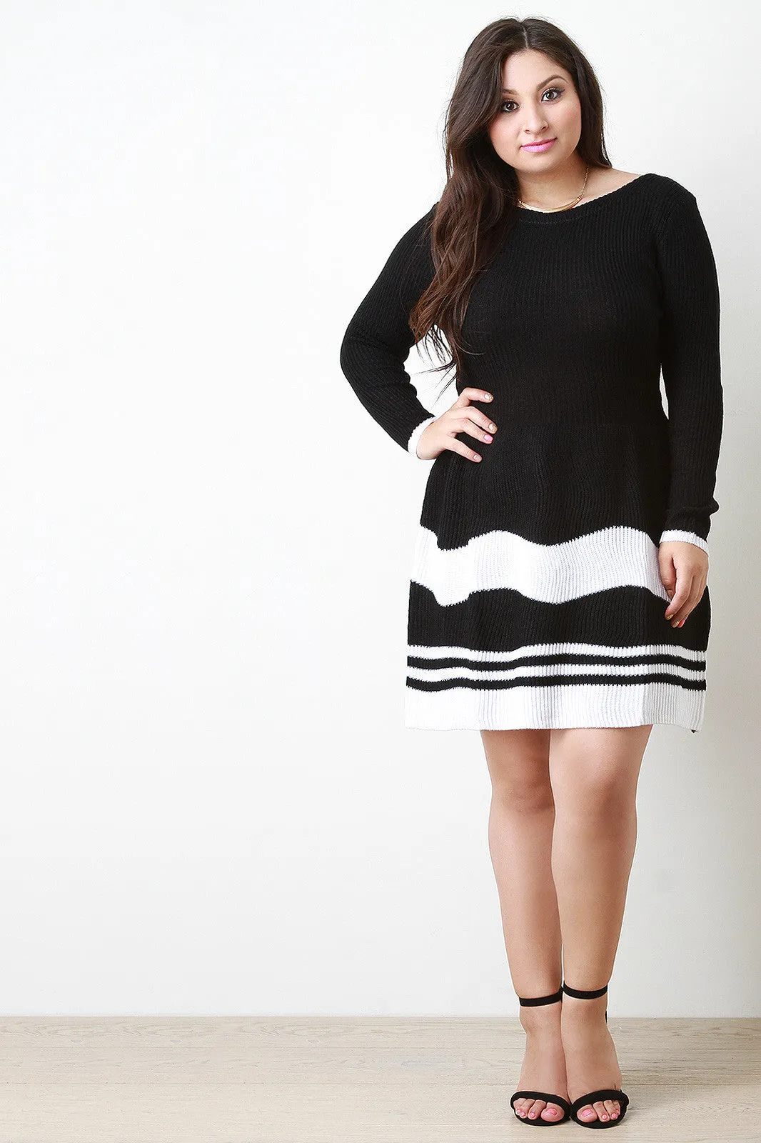 Stripe Knit Long Sleeves Fit And Flare Sweater Dress