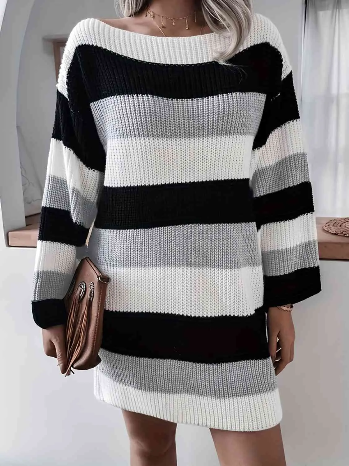 Striped Long Sleeve Mini Sweater Dress