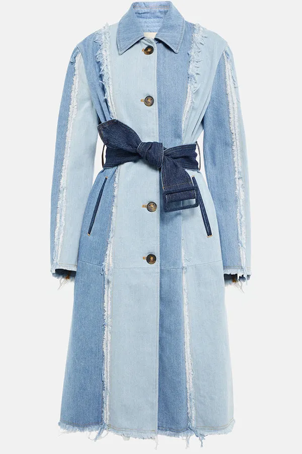 Stylish Colorblock Raw Trim Denim Coat