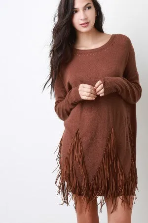 Suede Fringe Long Sleeves Sweater Dress