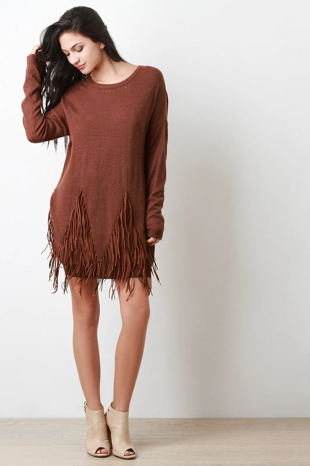 Suede Fringe Long Sleeves Sweater Dress