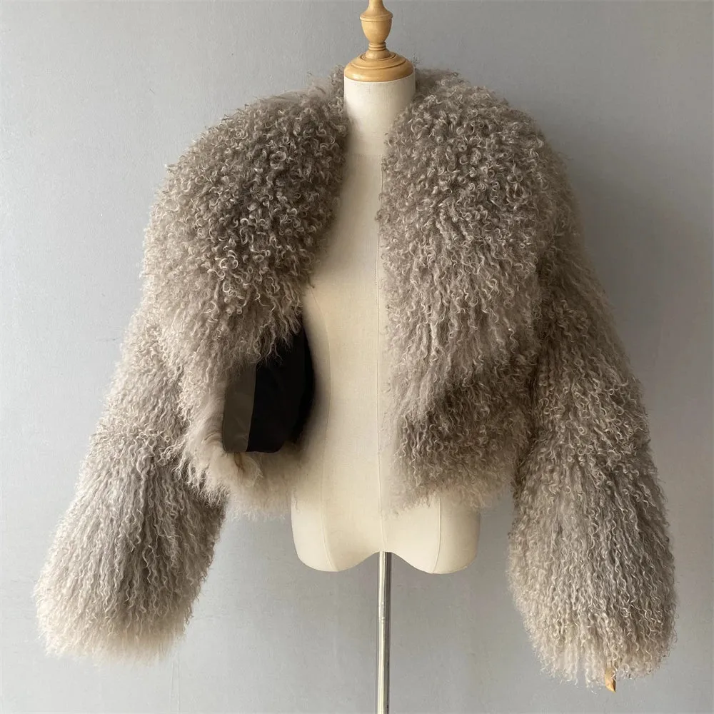 Tibetan Mongolian Lamb Fur Jacket with Collar