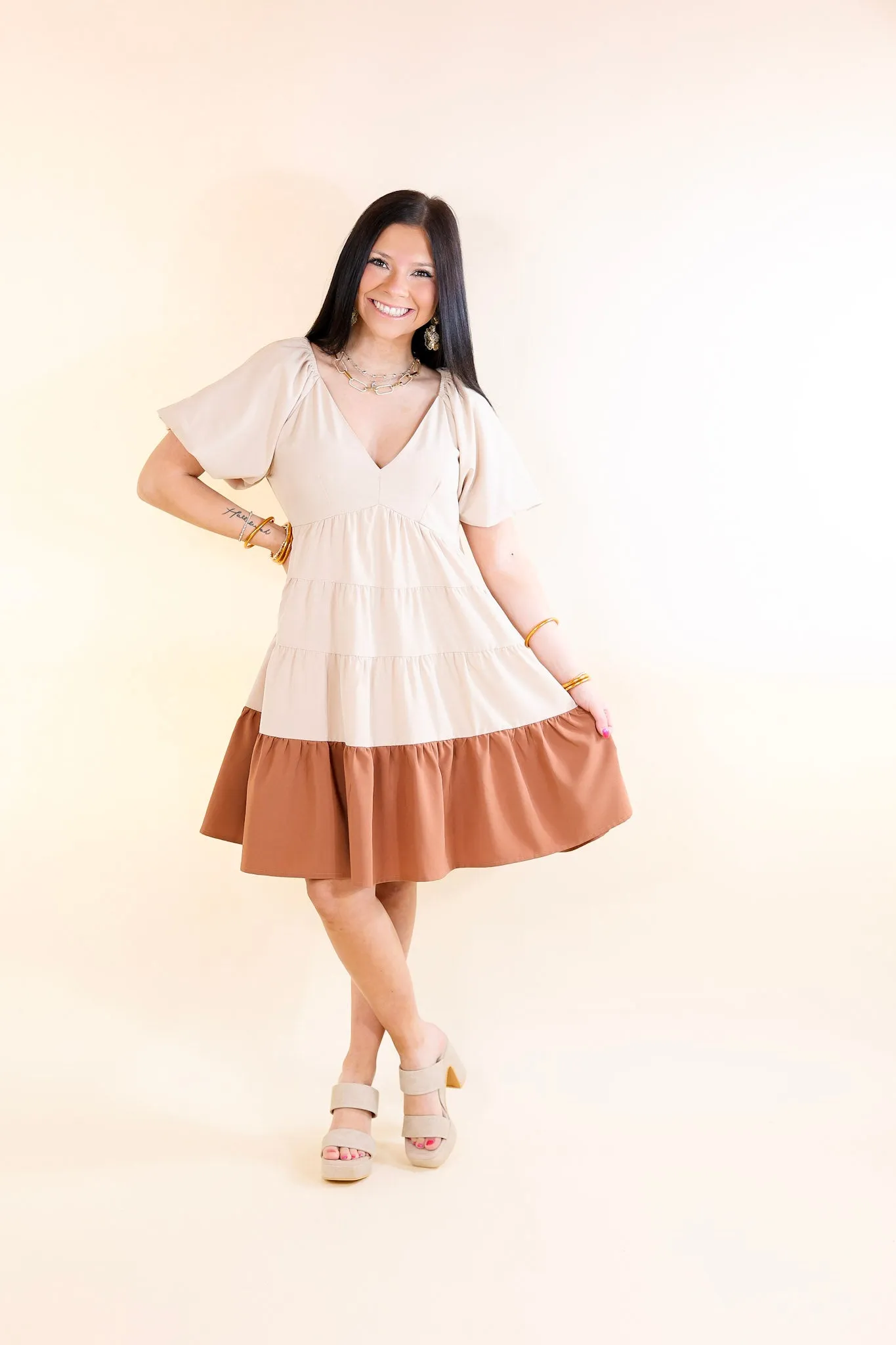 Trendy City Puff Sleeve Tiered Dress with Clay Brown Hemline in Beige