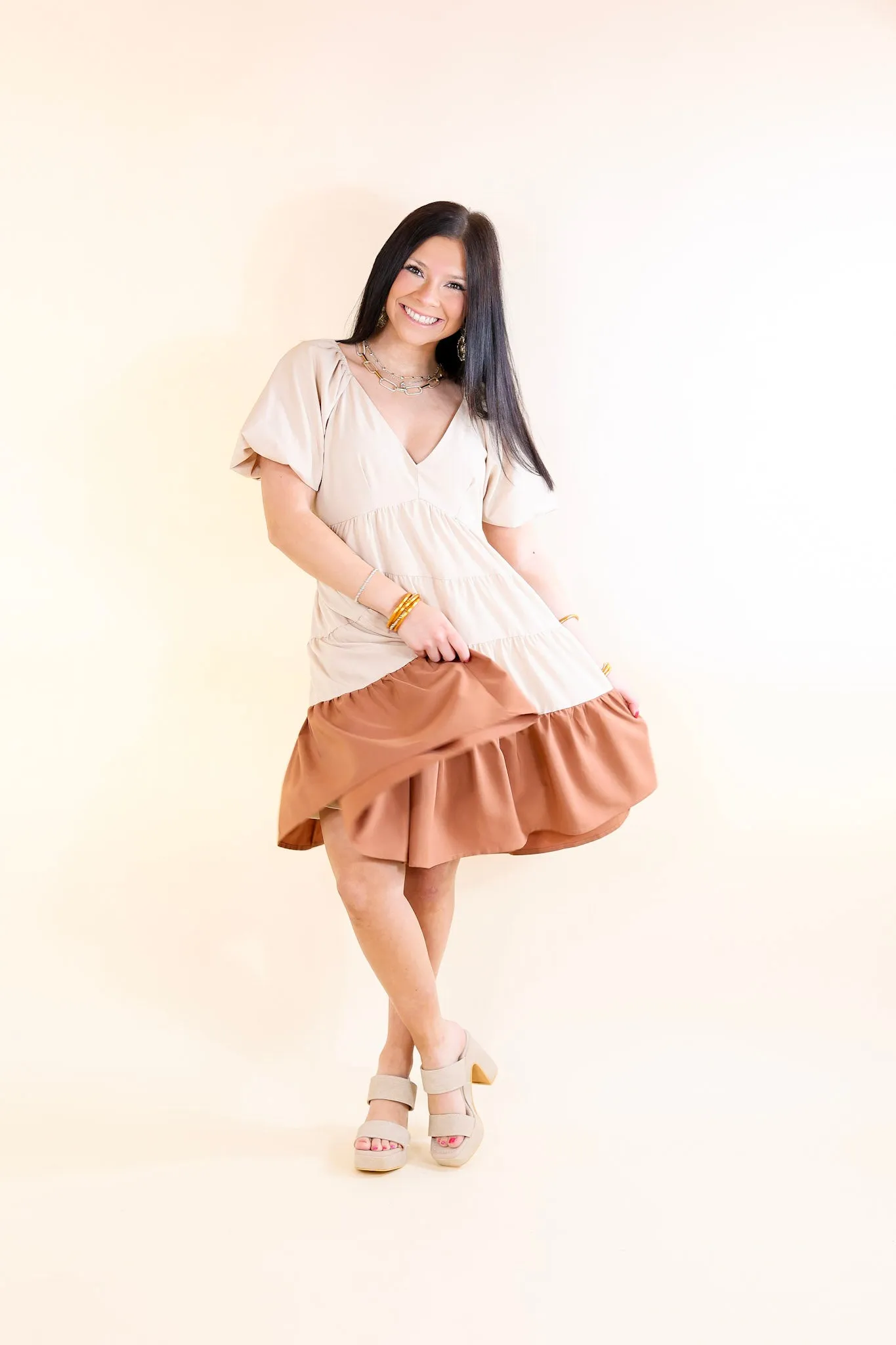 Trendy City Puff Sleeve Tiered Dress with Clay Brown Hemline in Beige