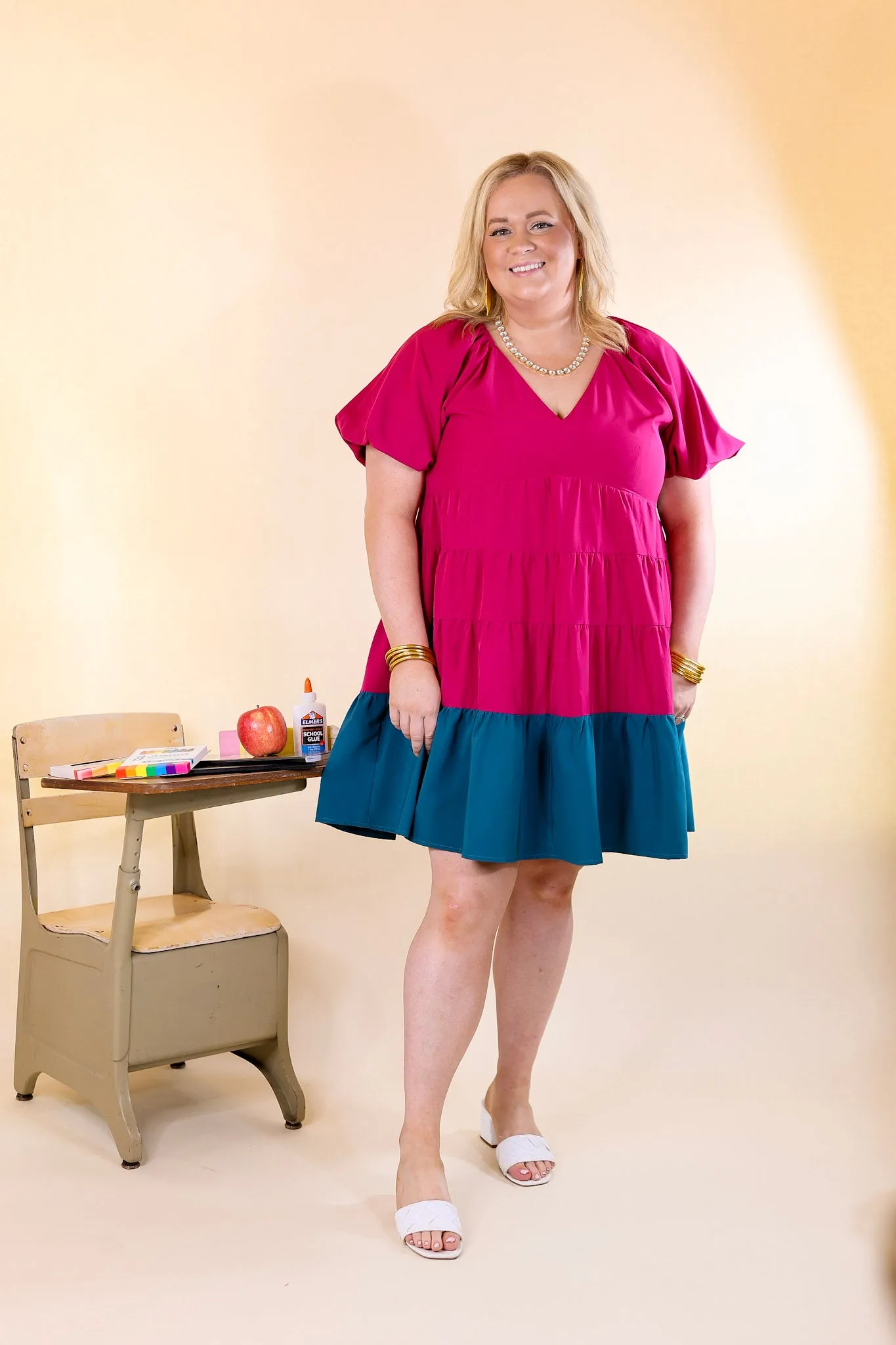 Trendy City Puff Sleeve Tiered Dress with Teal Hemline in Magenta