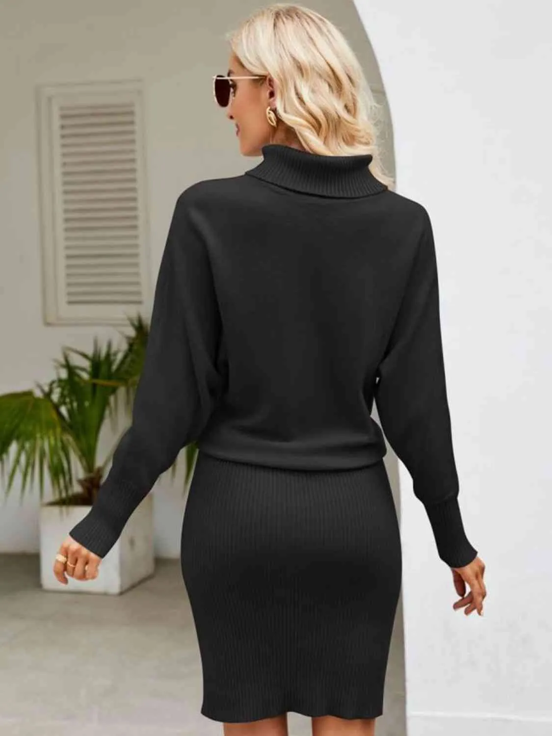 Turtle Neck Long Sleeve Ribbed Sweater Dress